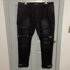 8 9 MFG Jeans Mens 44 Black Strapped Slim Street Wear Urban Utility Vintage Wash